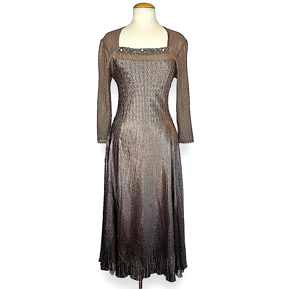 Komarov Dress Long Sleeve Chiffon Taupe L Shimmery Crinkled Jeweled Gown Tan